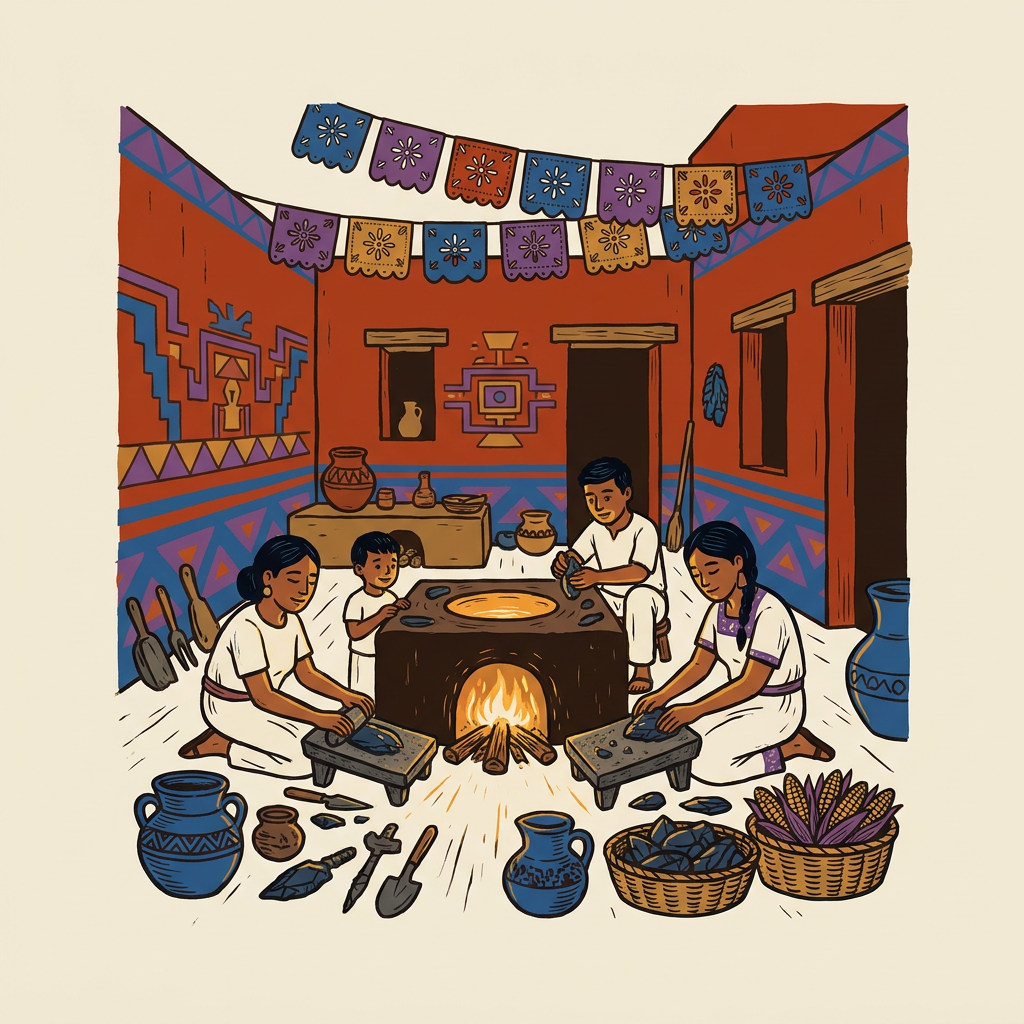 Patio de una vivienda colectiva teotihuacana con muros pintados, utensilios domésticos y artesanos trabajando.