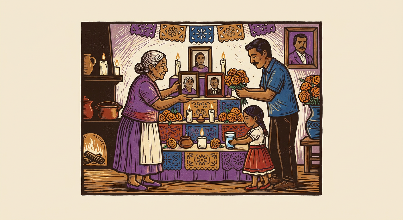 A multigenerational family places portraits, flowers and water on an ofrenda lit with votive candles.