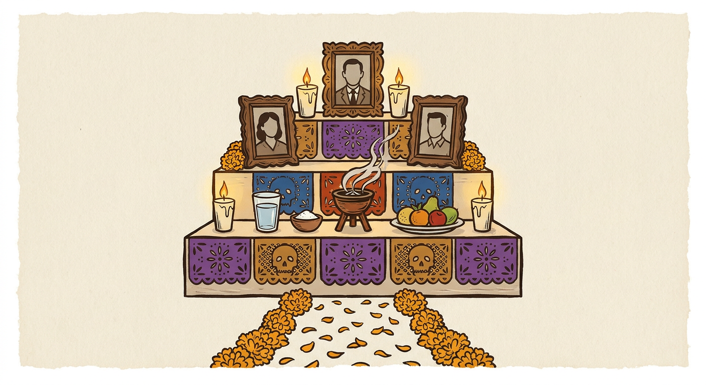 Three-tiered altar with portraits, votive candles, food, papel picado and a path of cempasĂșchil petals.