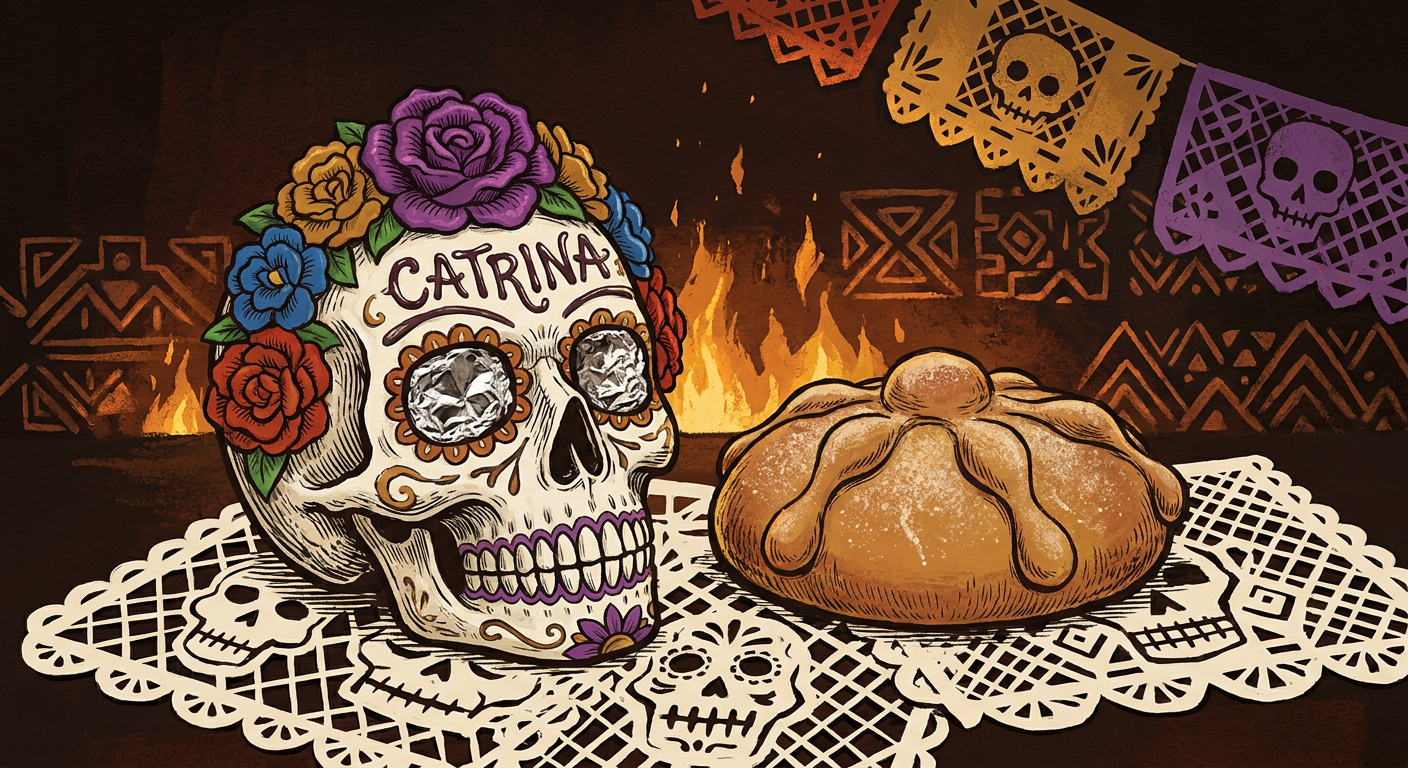 A decorated sugar calaverita beside a pan de muerto on papel picado.