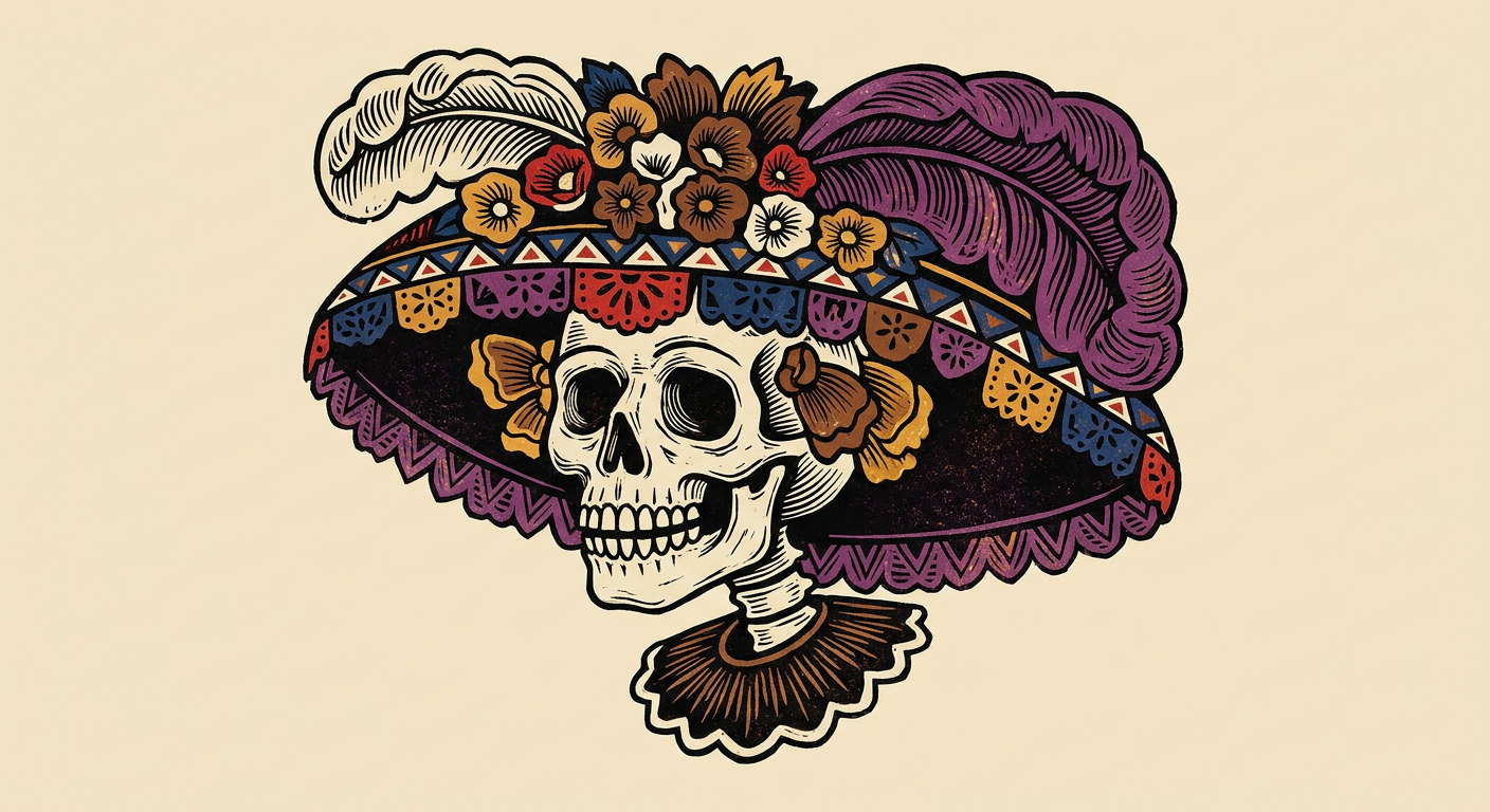 Female skull with a large hat adorned with flowers and feathers, inspired by the graphic satire of José Guadalupe Posada.