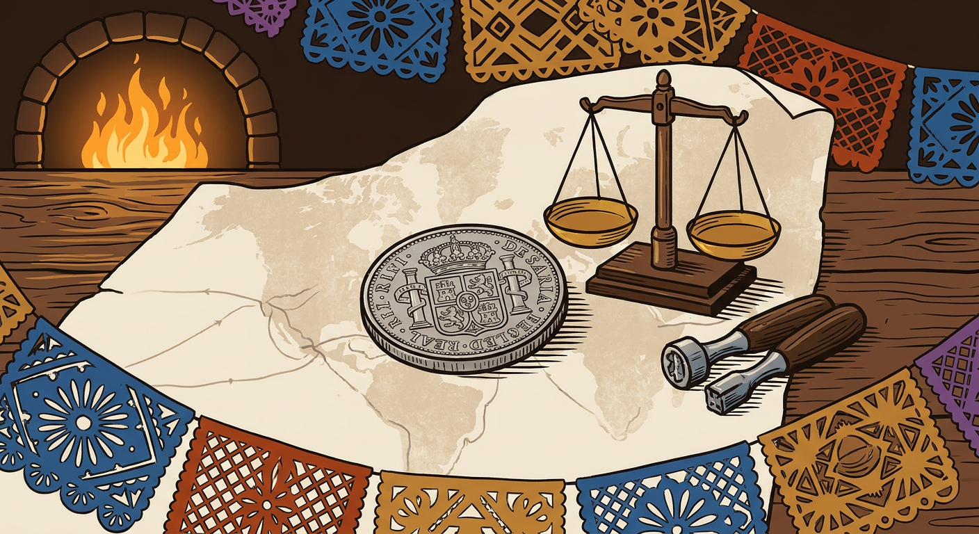 A New Spanish eight-real coin beside a scale and minting tools.