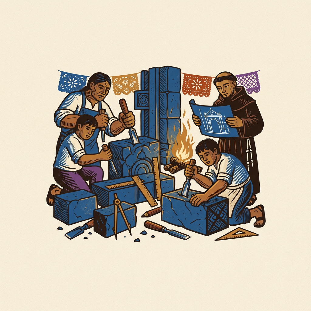 Indigenous stonemasons work on a convent facade while a friar studies the plans.
