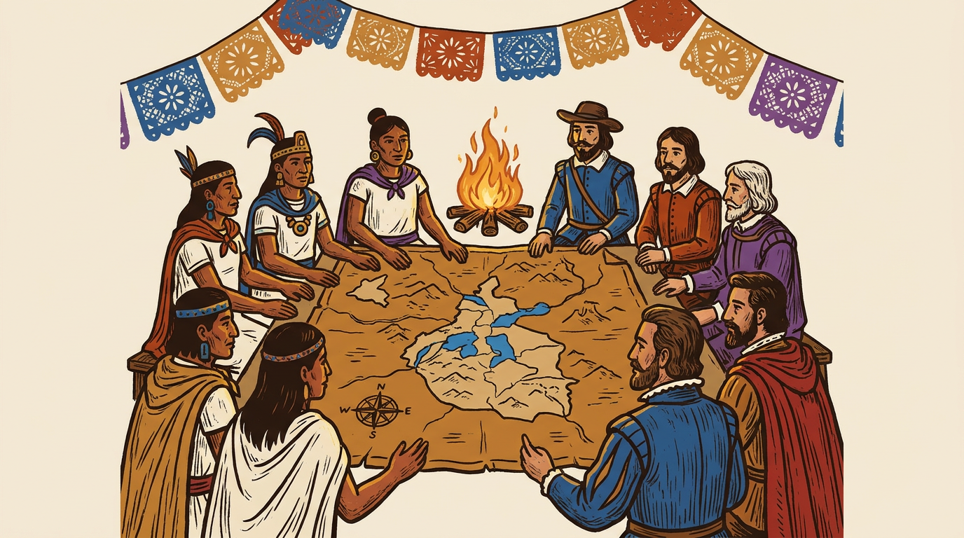 Indigenous and Castilian leaders agree to an alliance before a map of the Basin of Mexico.