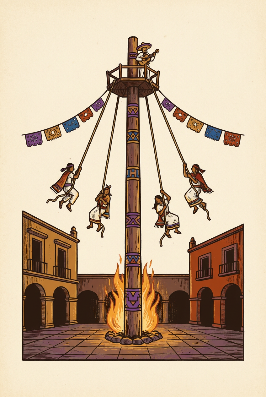 Historical depiction of a flying pole with four people suspended and a musician at the top.