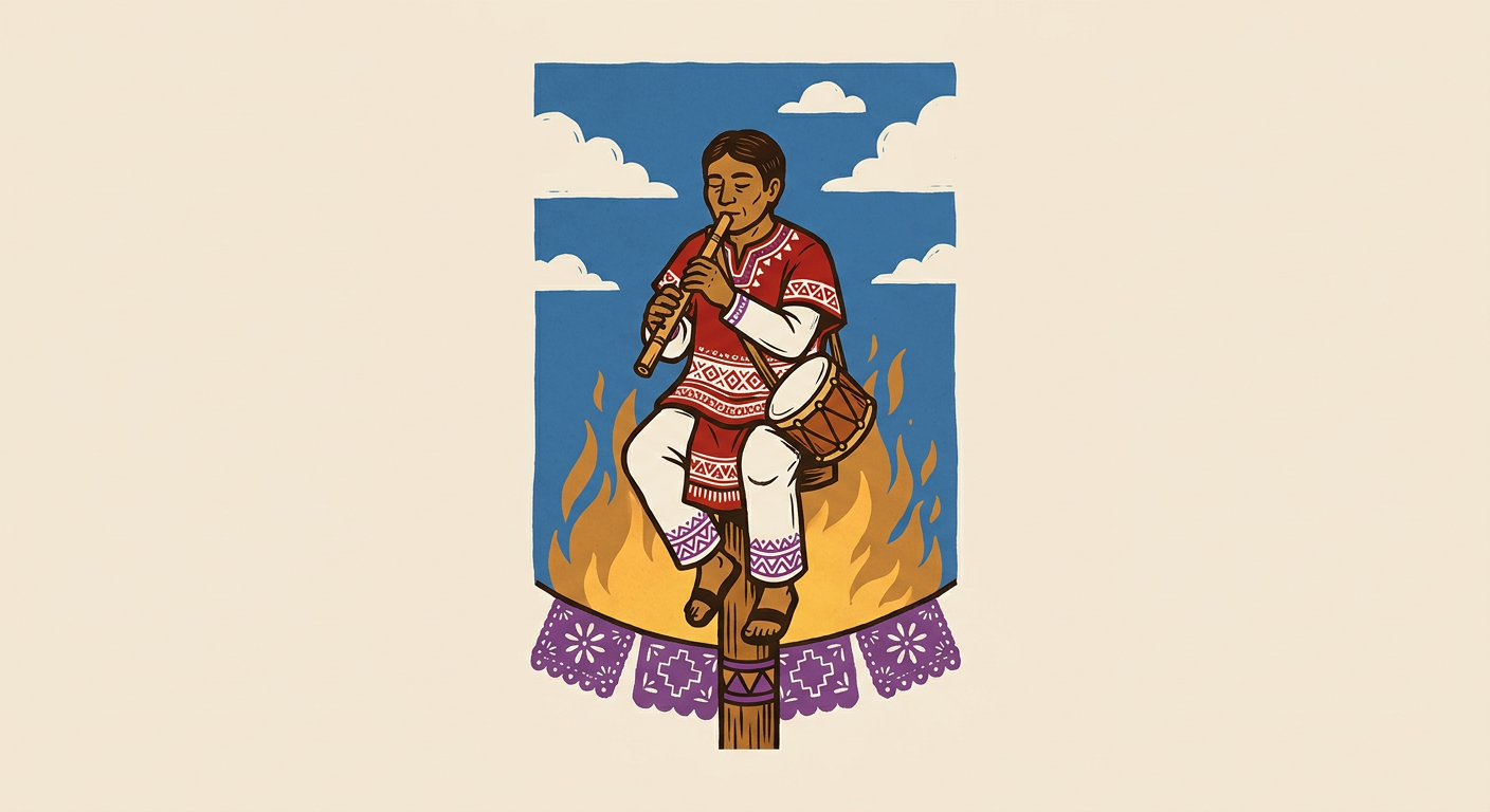 Caporal of the Voladores playing flute and drum on the pole’s elevated platform.