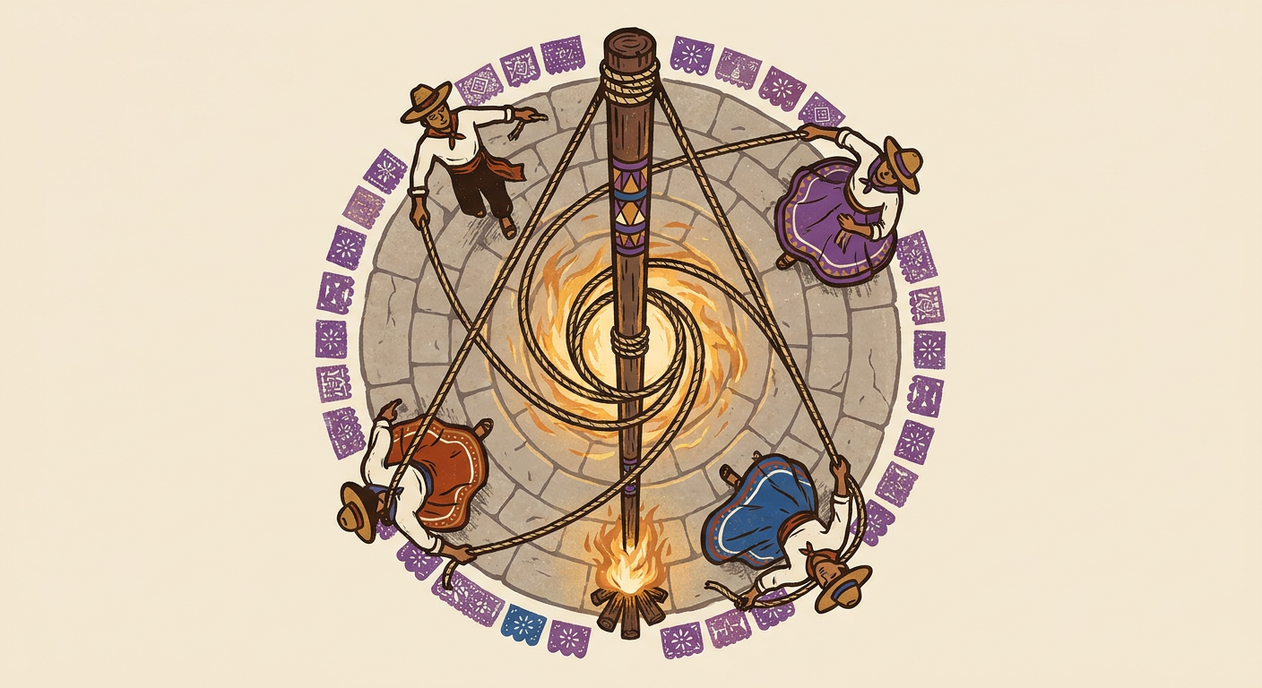 Overhead view of four voladores whose ropes form a rotating cross around the pole.
