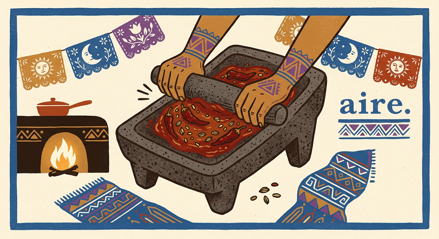 Manos moliendo chiles, semillas y especias sobre un metate de piedra volcánica.