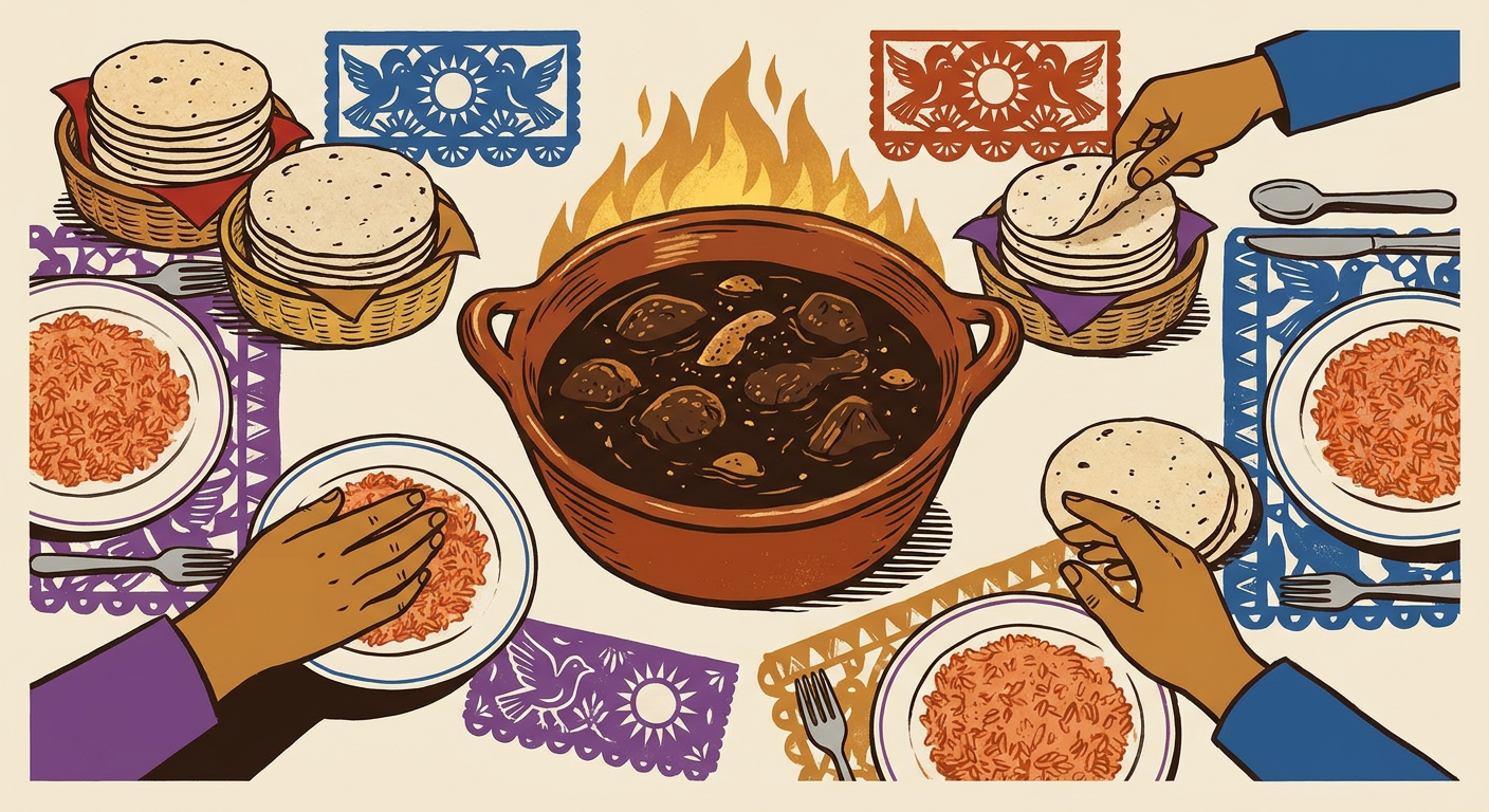 Mesa familiar con una cazuela de mole al centro, platos de arroz y tortillas alrededor.