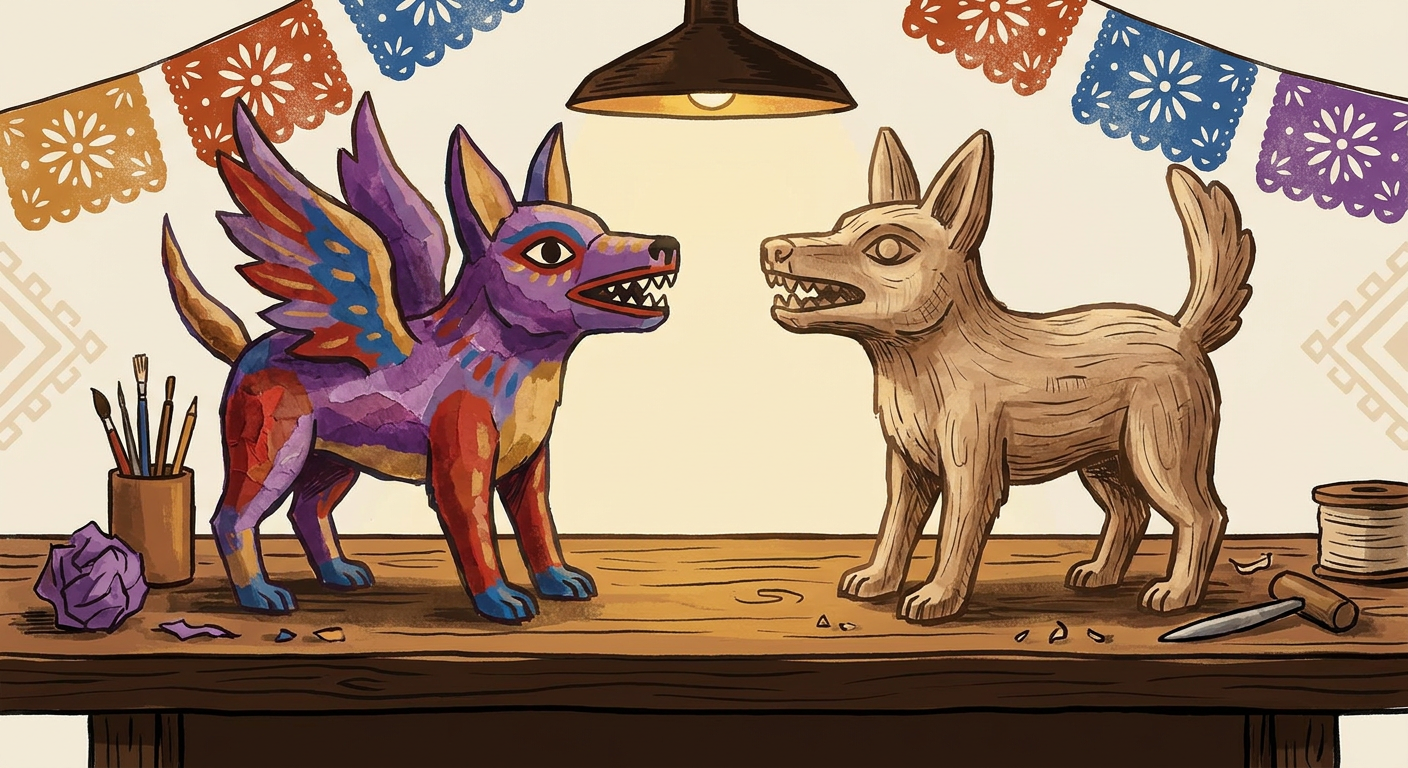 Comparación entre un alebrije de cartón y una figura fantástica tallada en madera de copal.