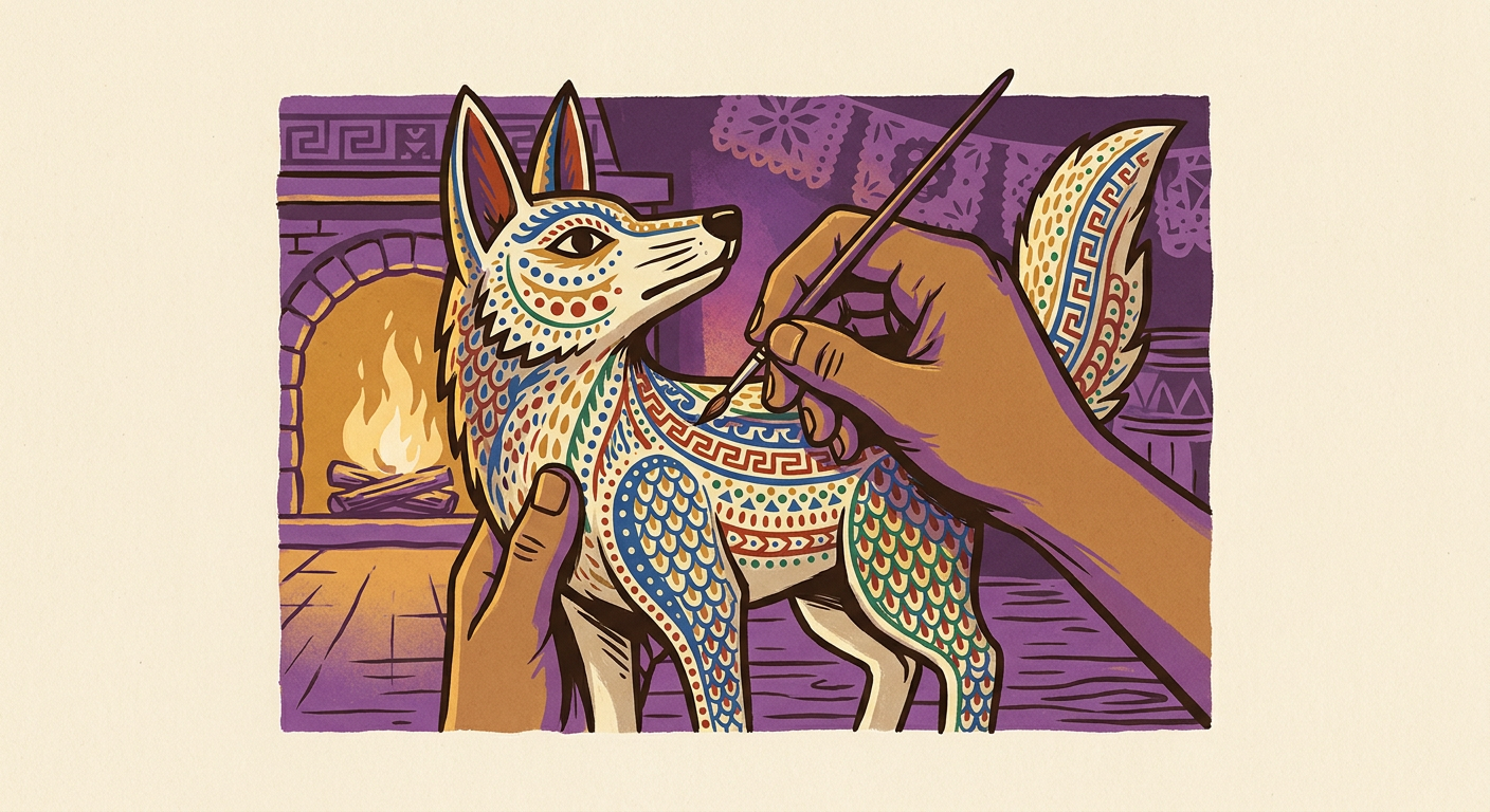 Artesana pinta patrones minuciosos sobre un coyote fantástico tallado en copal.