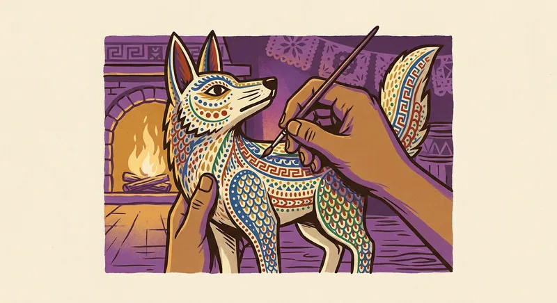 Artesana pinta patrones minuciosos sobre un coyote fantástico tallado en copal.