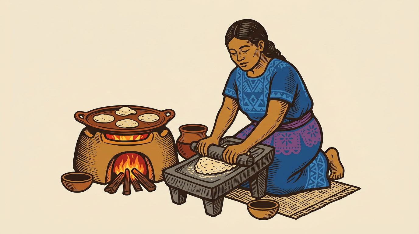 Mujer mesoamericana muele maíz nixtamalizado en un metate, junto a un comal con tortillas.