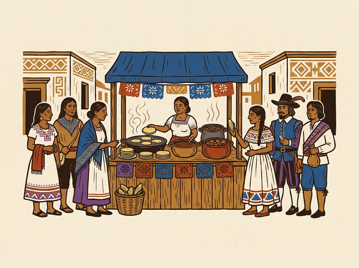Puesto de comida en un mercado novohispano donde conviven tortillas, chiles y cazuelas con carne de cerdo.
