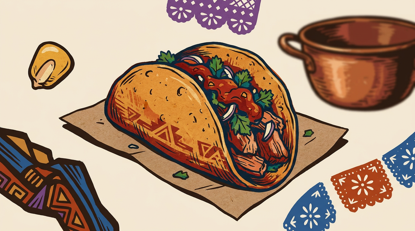 Taco de carnitas abierto que muestra la unión de tortilla de maíz, cerdo, cebolla, cilantro y salsa.