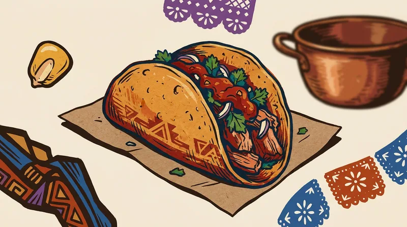 Taco de carnitas abierto que muestra la unión de tortilla de maíz, cerdo, cebolla, cilantro y salsa.