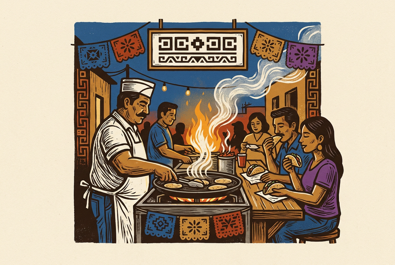 Taquería urbana mexicana de mediados del siglo XX con comal, clientes de pie y tacos servidos en papel.