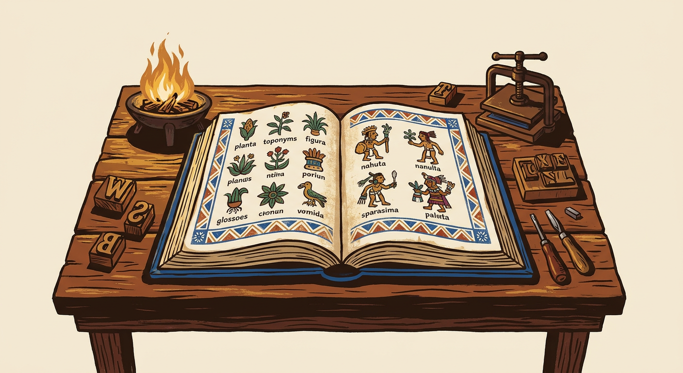 A New Spanish codex with pictograms, alphabetic text in Nahuatl and printing type.