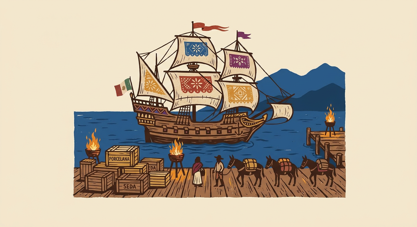 A Manila galleon arrives in Acapulco with goods bound for New Spain’s trade networks.