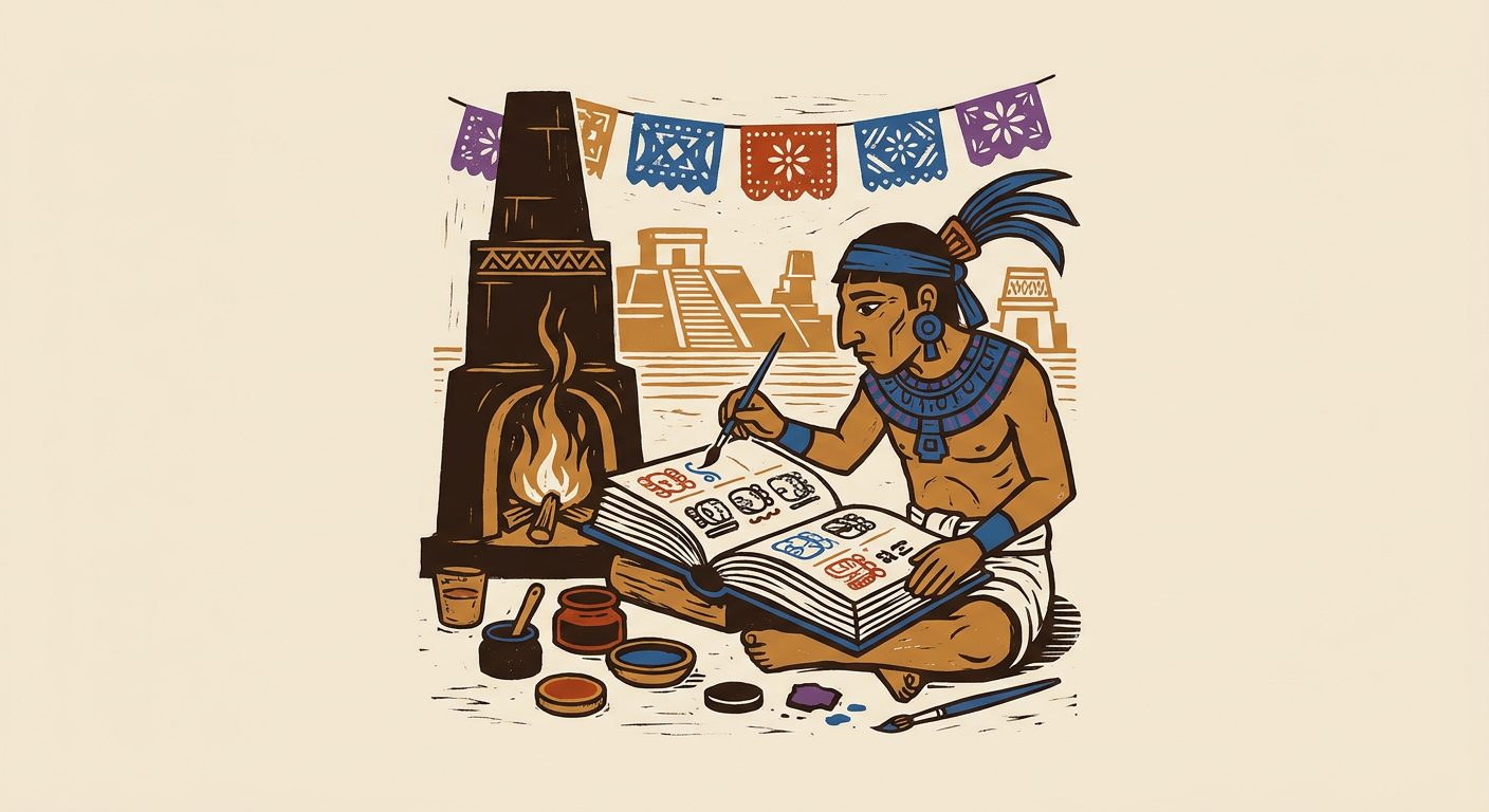 Escriba maya pintando signos calendáricos y una fecha en un códice abierto.