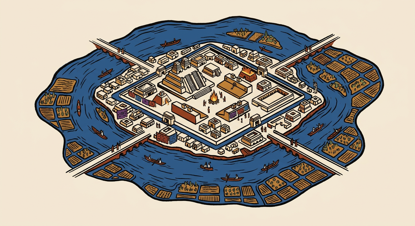 México-Tenochtitlan en el lago, comunicada por calzadas y rodeada de chinampas.