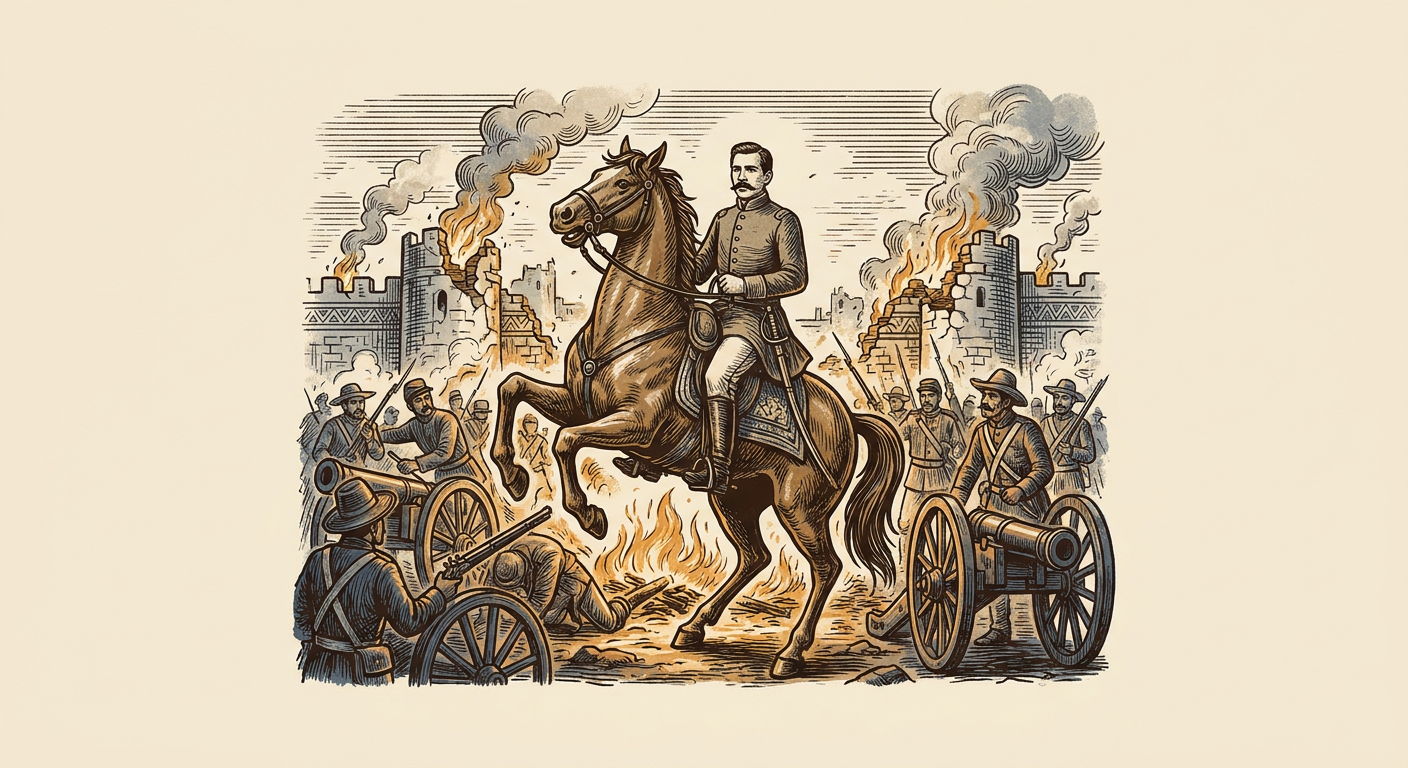 Porfirio Díaz, joven general republicano, avanza a caballo durante una batalla frente a las fortificaciones de Puebla.