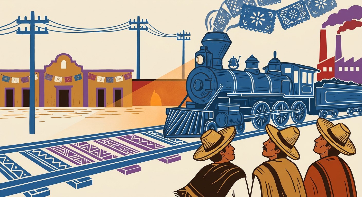 Una locomotora de vapor pasa junto a una hacienda, mientras trabajadores rurales observan las vías y los postes telegráficos.