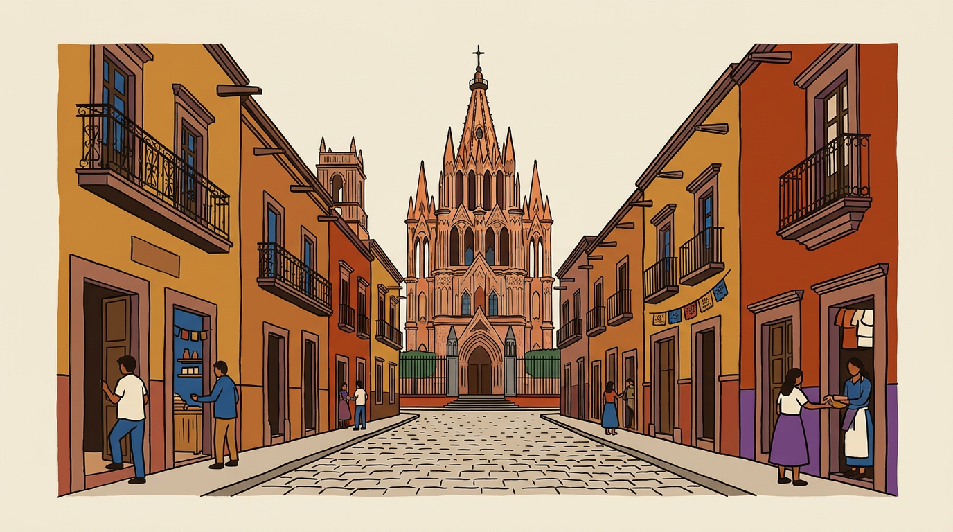 Calle empedrada de San Miguel de Allende al amanecer, con fachadas de colores y la Parroquia de San Miguel Arcángel al fondo.