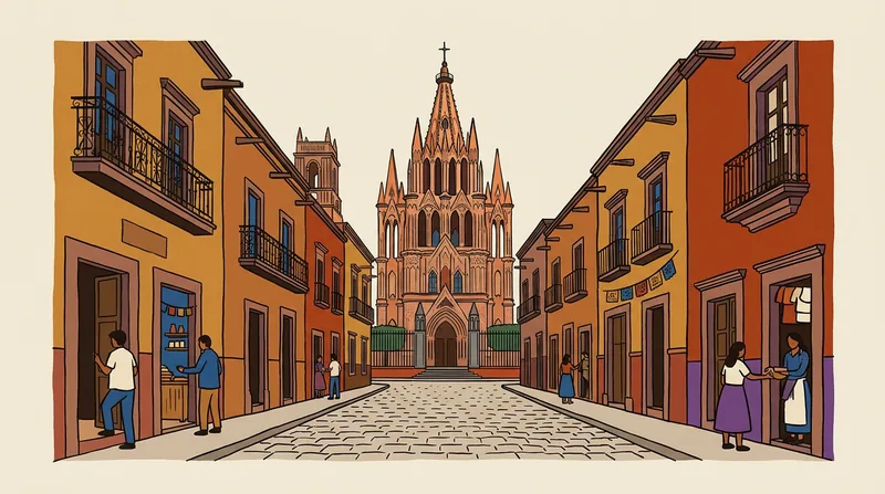 A cobblestone street in San Miguel de Allende at dawn, with colorful facades and the Parroquia de San Miguel Arcángel in the background.