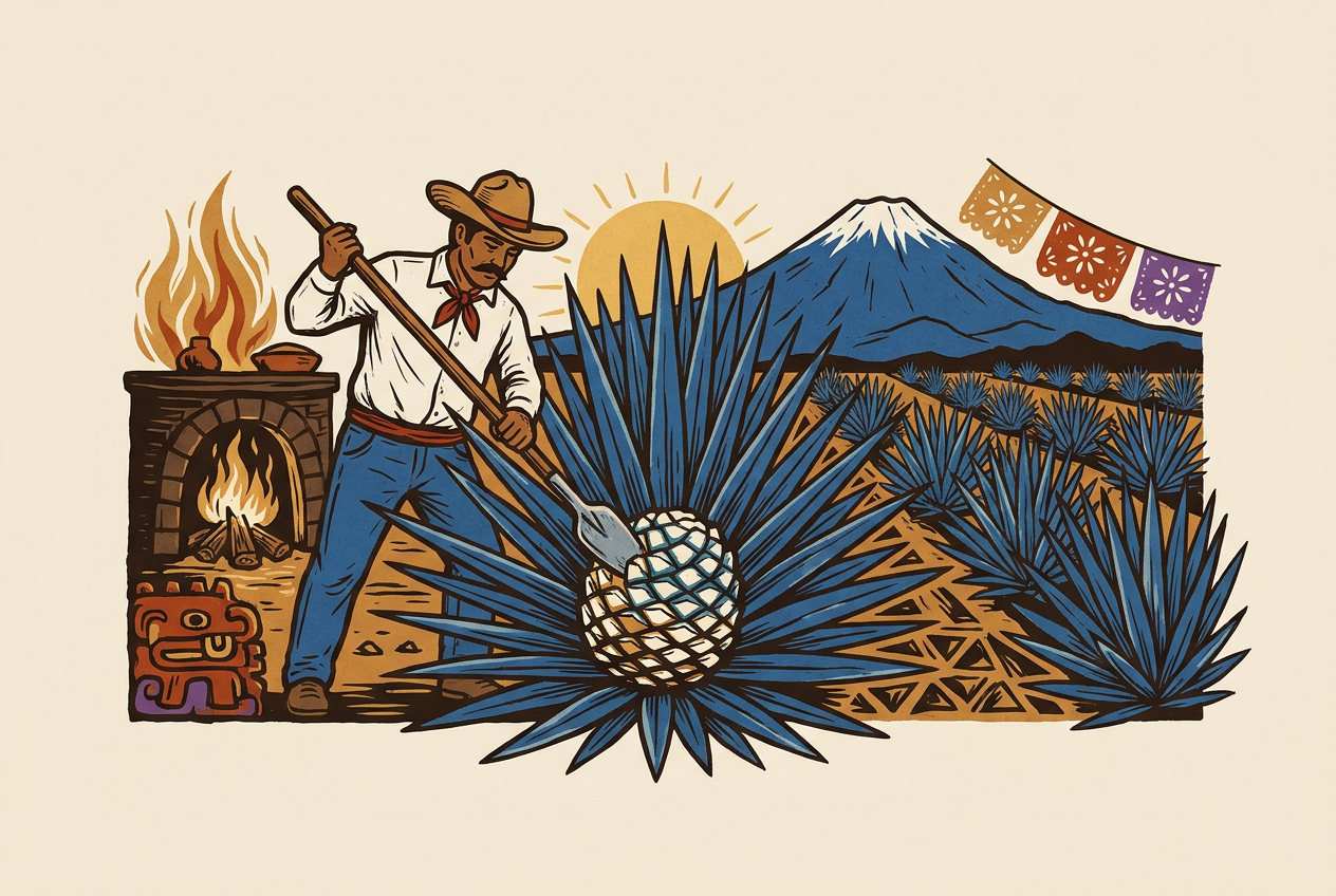 Jimador cortando las pencas de un agave azul en el paisaje de Tequila, Jalisco.
