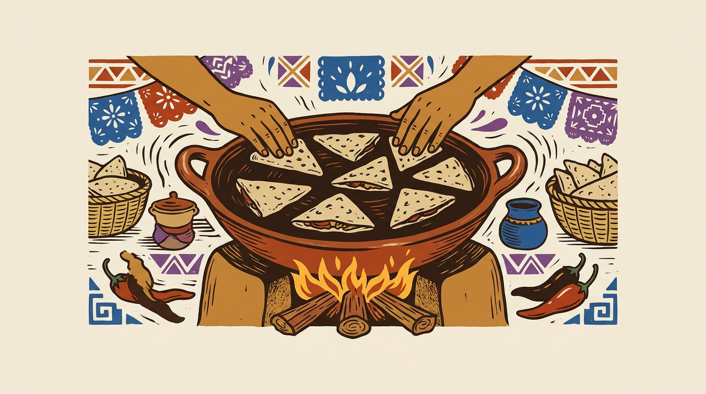 Puesto del mercado de Tepoztlán con itacates sobre un comal de barro.