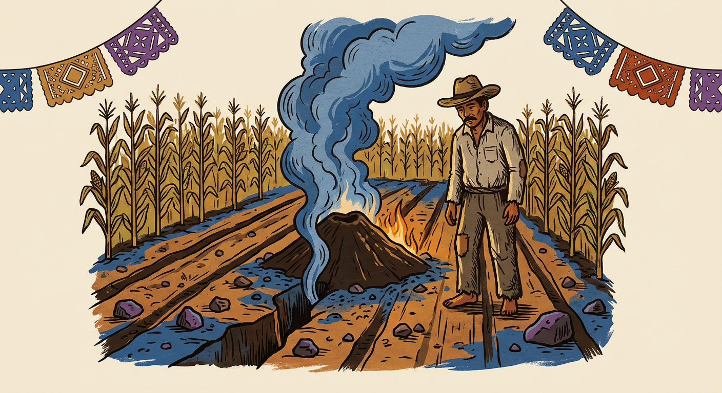 El campesino Dionisio Pulido observa una grieta humeante que se abre en una milpa de Michoacán en 1943.