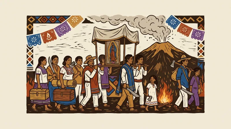 Familias purépechas trasladan pertenencias y una imagen religiosa desde San Juan Parangaricutiro durante la erupción del Parícutin.