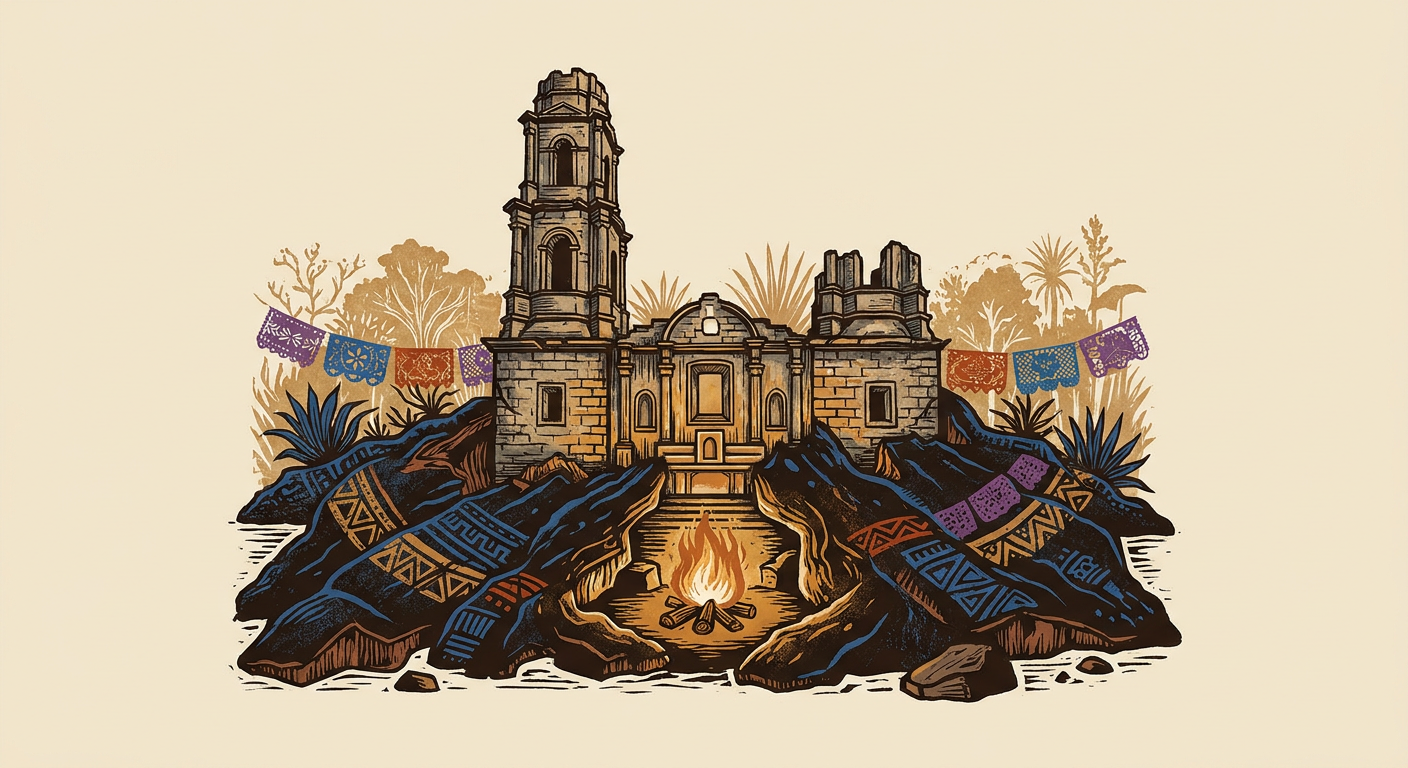 La torre y el altar del antiguo templo de San Juan Parangaricutiro emergen entre lava negra solidificada.