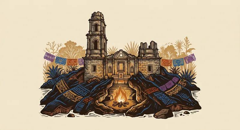 La torre y el altar del antiguo templo de San Juan Parangaricutiro emergen entre lava negra solidificada.