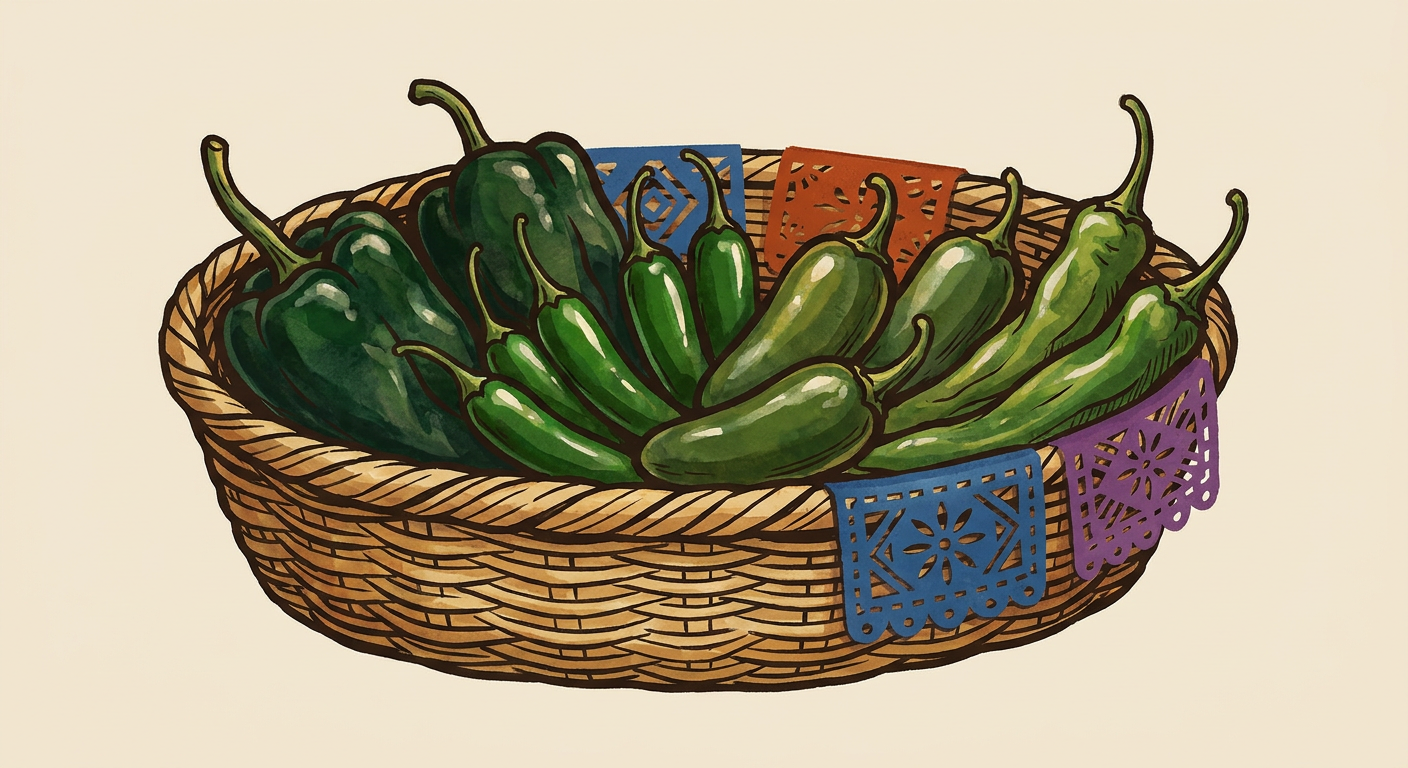Canasta de mercado con chiles poblanos, serranos, jalapeños y chilacas frescos, ordenados por variedad.
