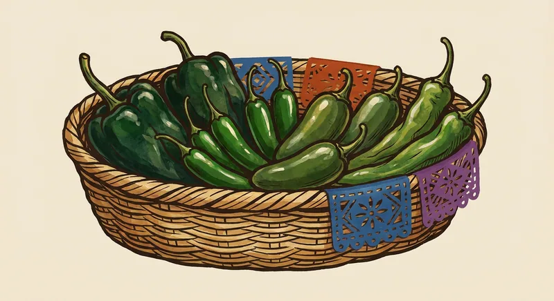 Canasta de mercado con chiles poblanos, serranos, jalapeños y chilacas frescos, ordenados por variedad.
