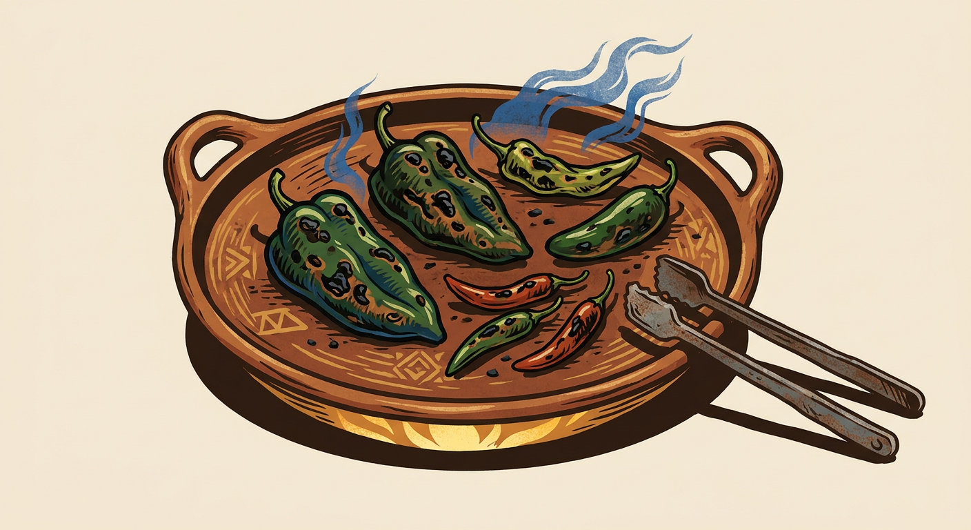 Comal de barro con un chile poblano, una chilaca, un jalapeño y varios serranos tostándose.