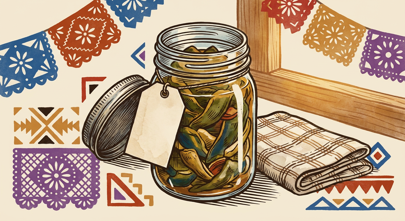 Frasco de vidrio con rajas de chile poblano asado listas para refrigerar.