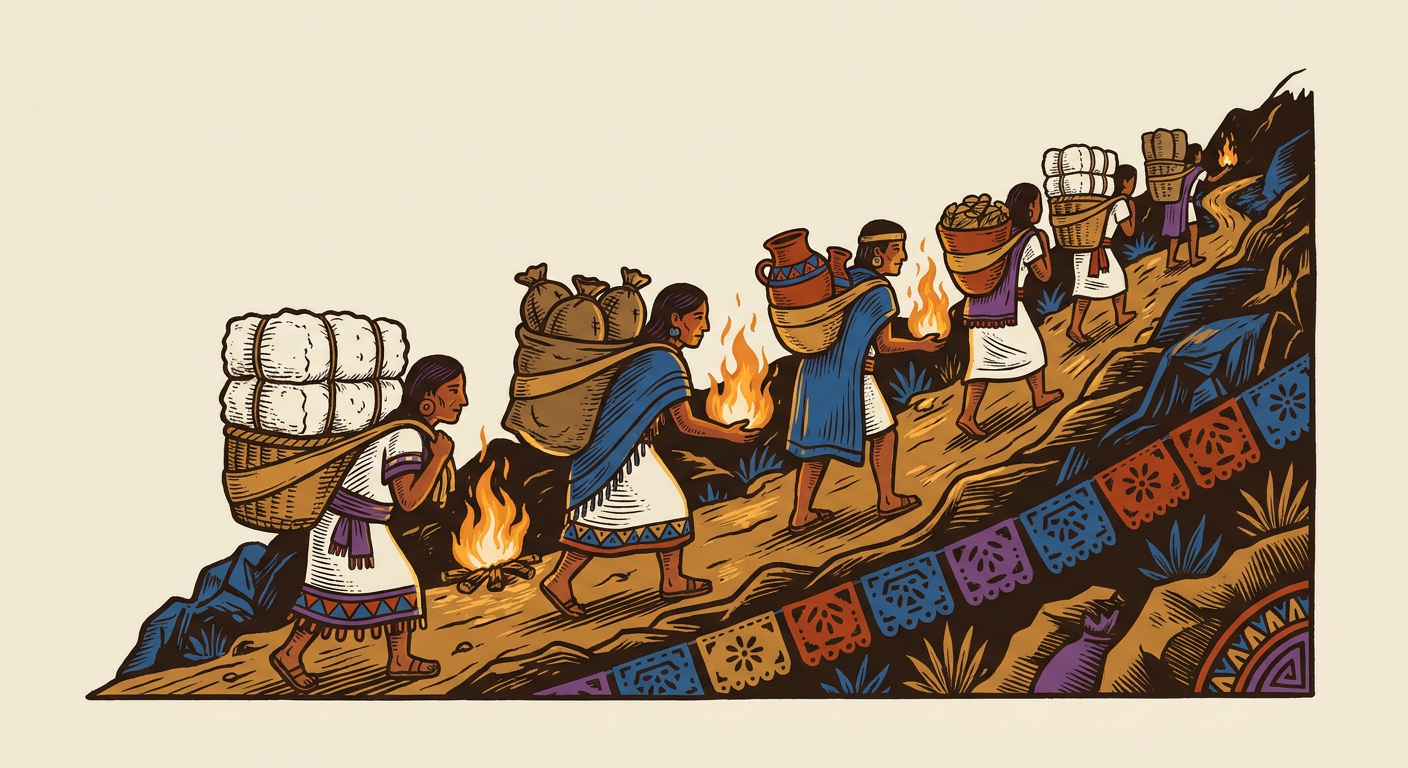 Caravana de cargadores mesoamericanos que transportan mercancías con mecapales por un camino montañoso.