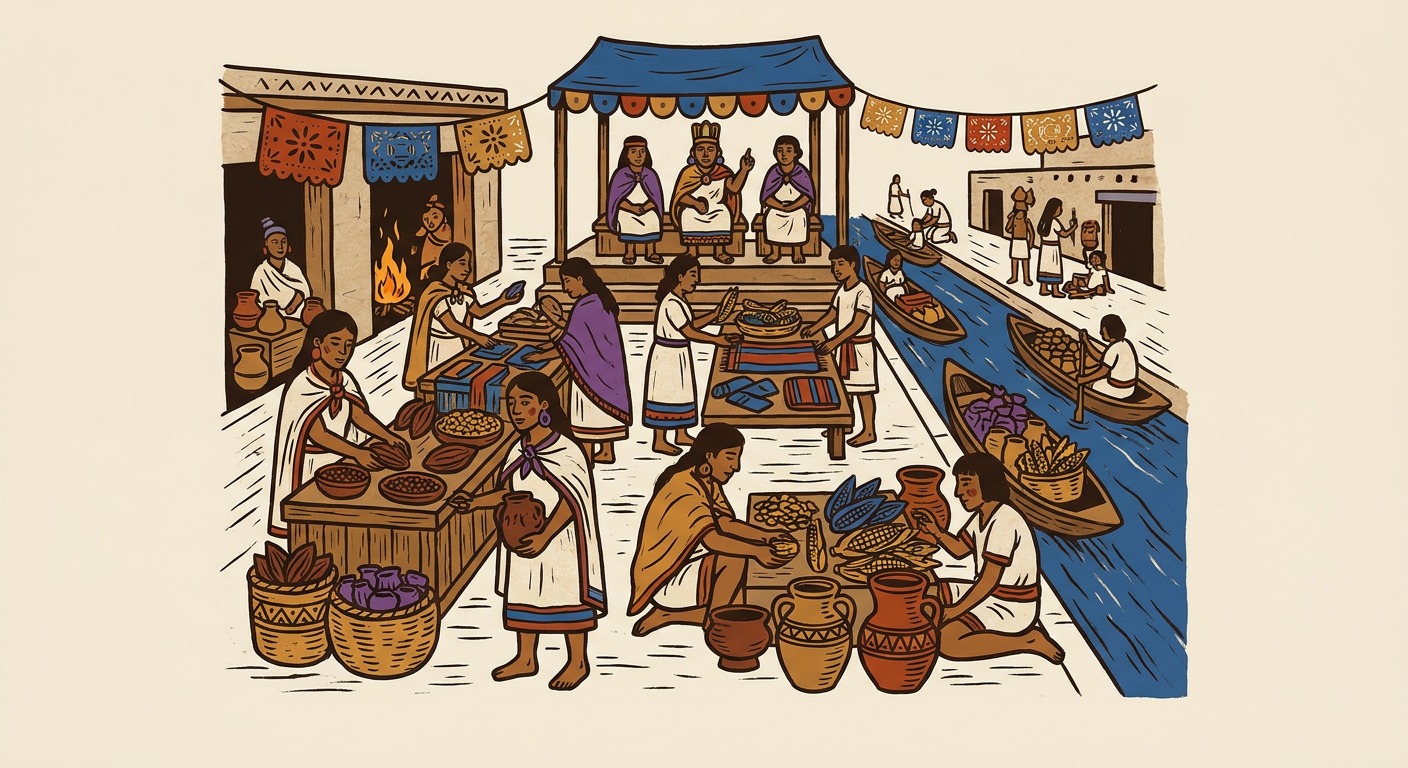 Mercado de Tlatelolco lleno de comerciantes, mercancías y canoas antes de la llegada española.