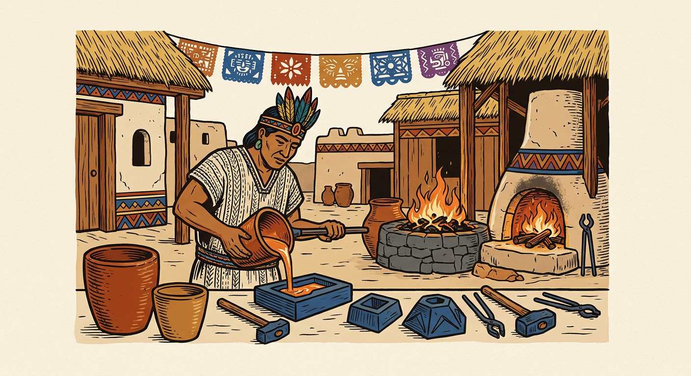 Artesano purépecha trabaja cobre fundido en un taller mesoamericano.
