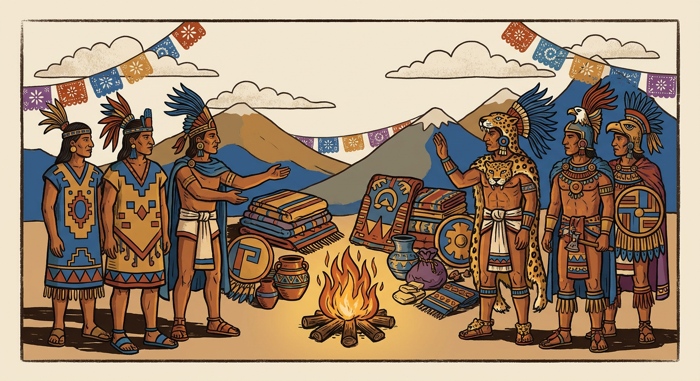 Emisarios purépechas y mexicas negocian frente a frente en una frontera montañosa.