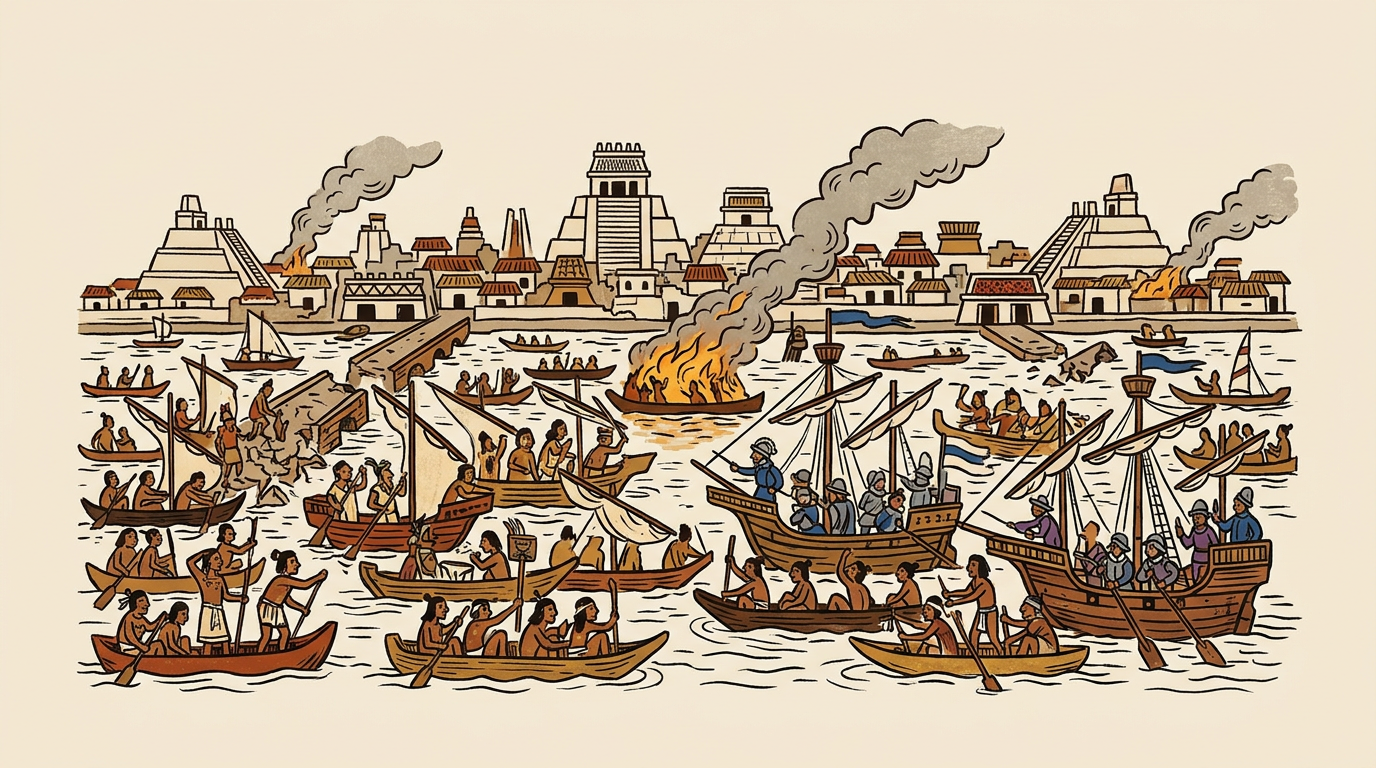 Vista de Tenochtitlan sitiada, con calzadas cortadas, canoas y bergantines sobre el lago.