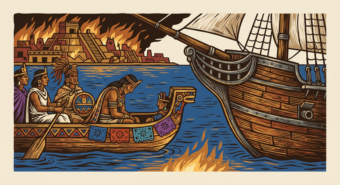 Cuauhtémoc en una canoa al momento de ser interceptado en el lago el 13 de agosto de 1521.