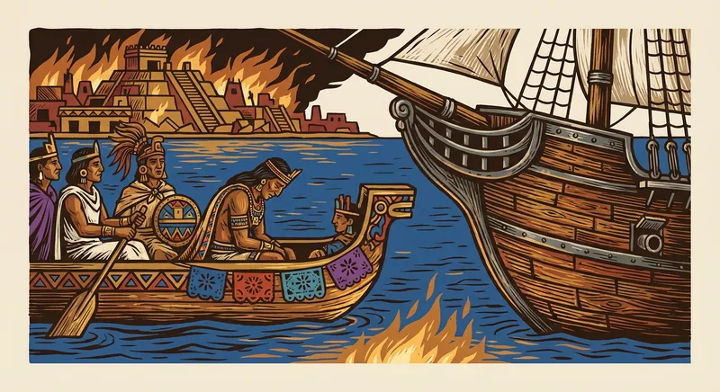 Cuauhtémoc en una canoa al momento de ser interceptado en el lago el 13 de agosto de 1521.