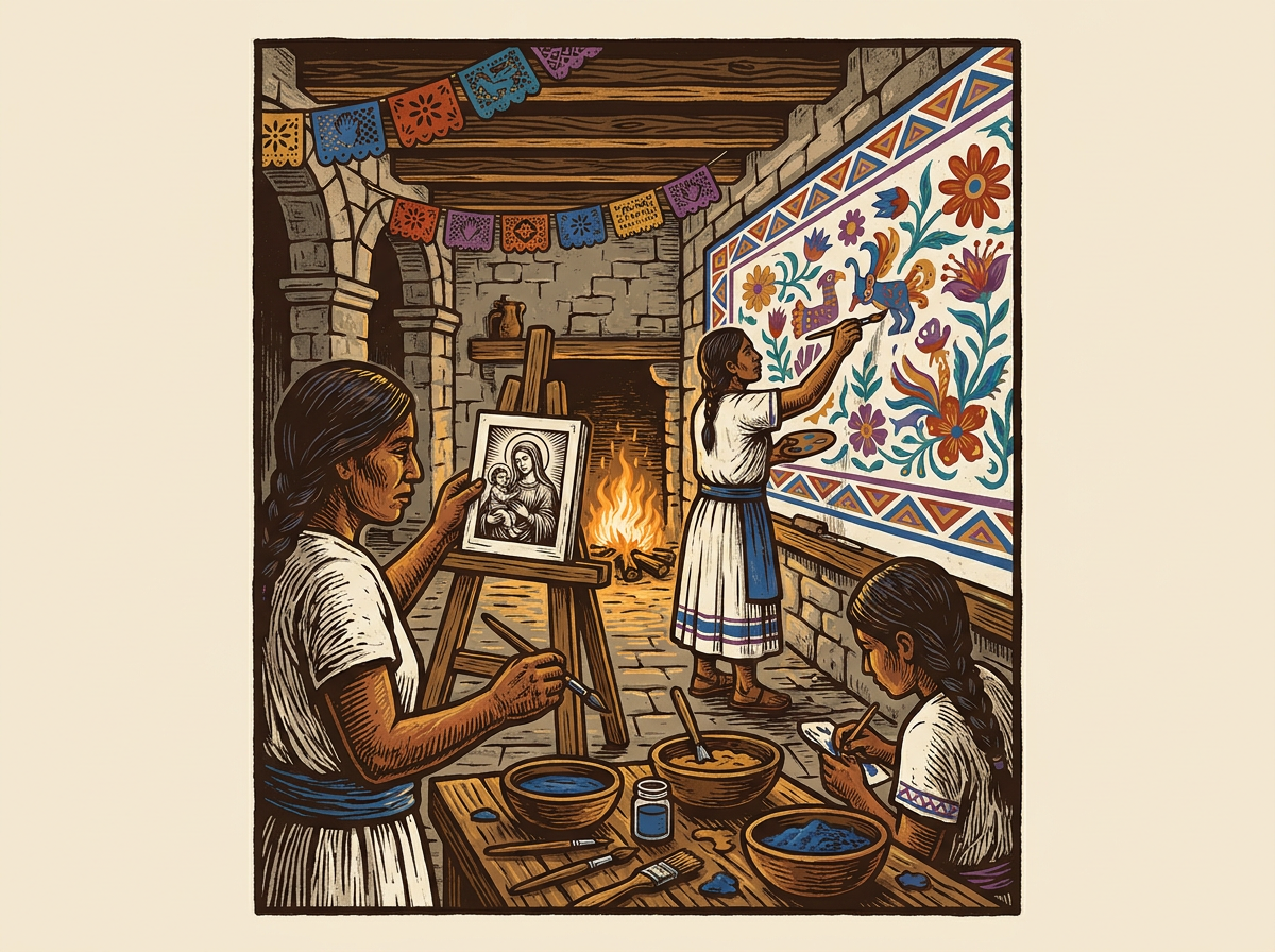 Artistas indígenas pintan un mural conventual mientras combinan técnicas mesoamericanas y modelos europeos.