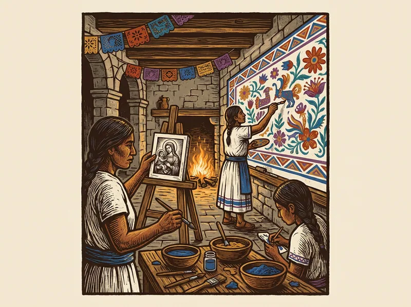 Artistas indígenas pintan un mural conventual mientras combinan técnicas mesoamericanas y modelos europeos.
