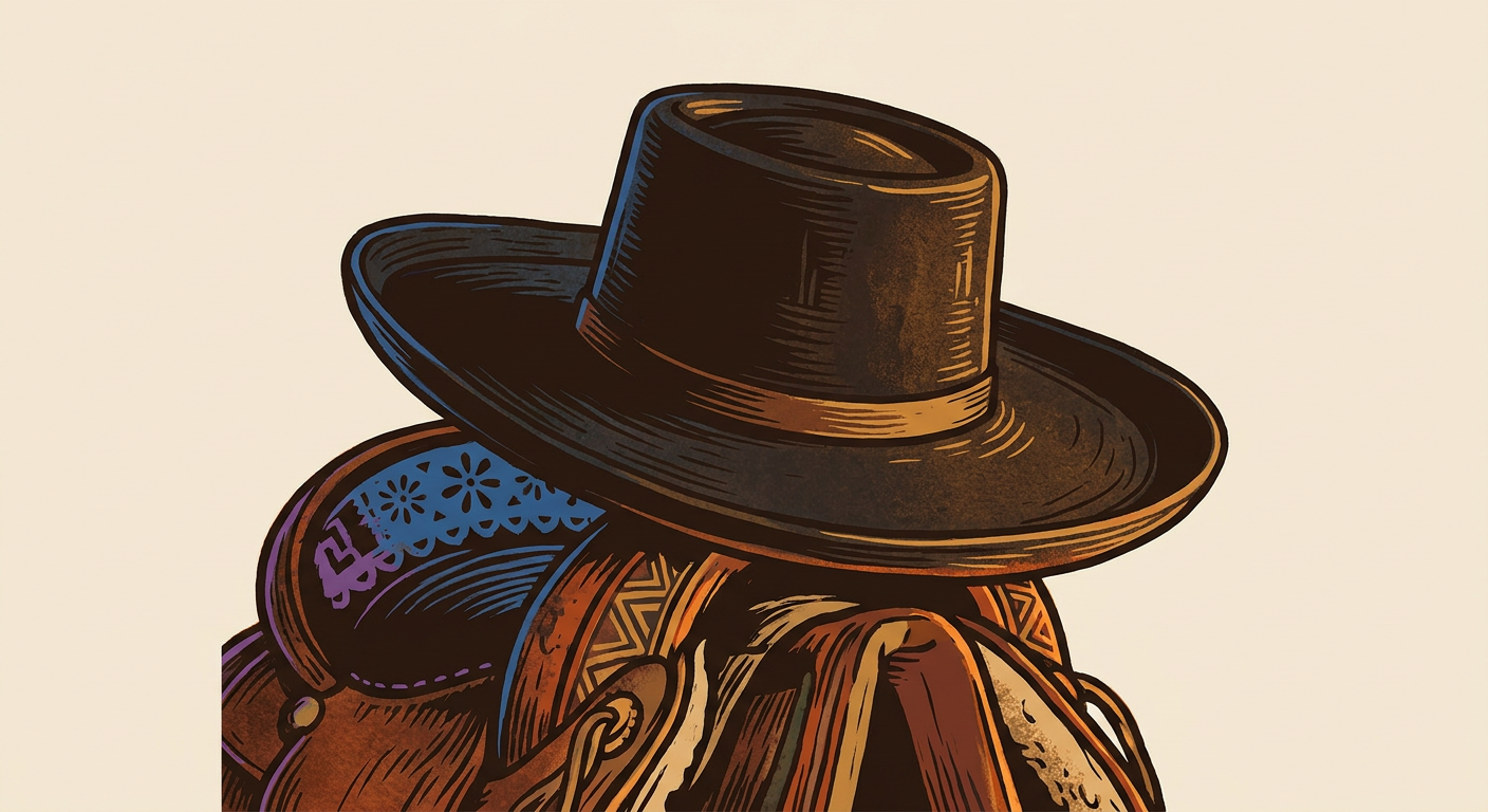 Sombrero de fieltro de ala ancha colocado sobre una silla de montar novohispana.