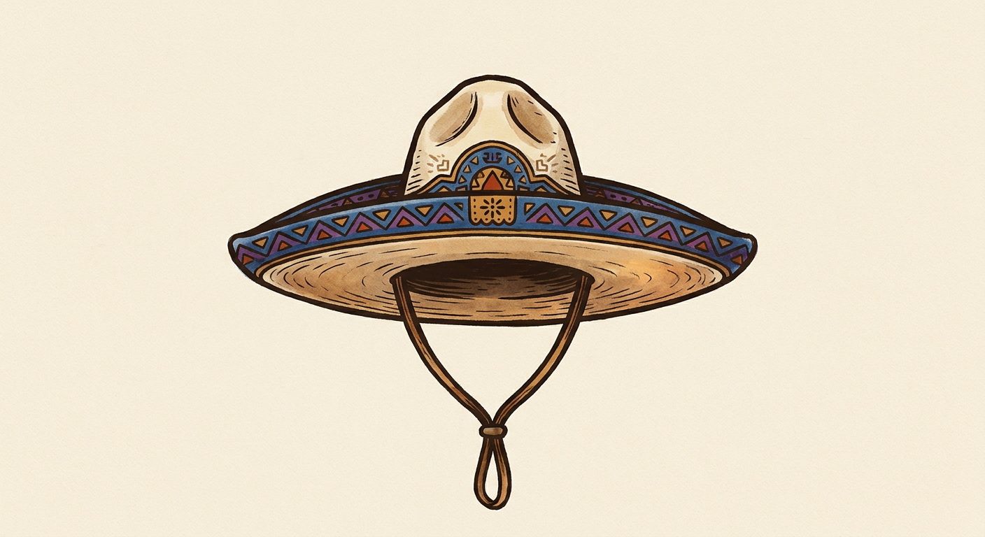 Sombrero charro del siglo XIX mostrado de frente y de perfil, con ala levantada y copa hendida.